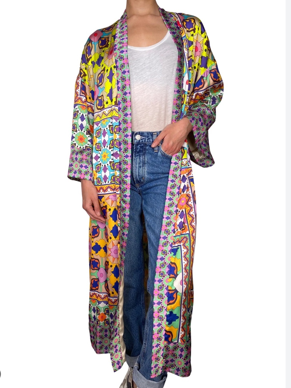 Zara Moroccan Inspired Colorful Floral Belted Long Satin Kimono Duster NWT Sz S